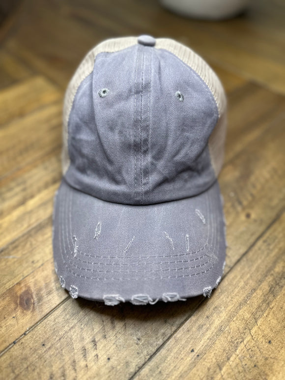 Gray Distressed Polytail Hat