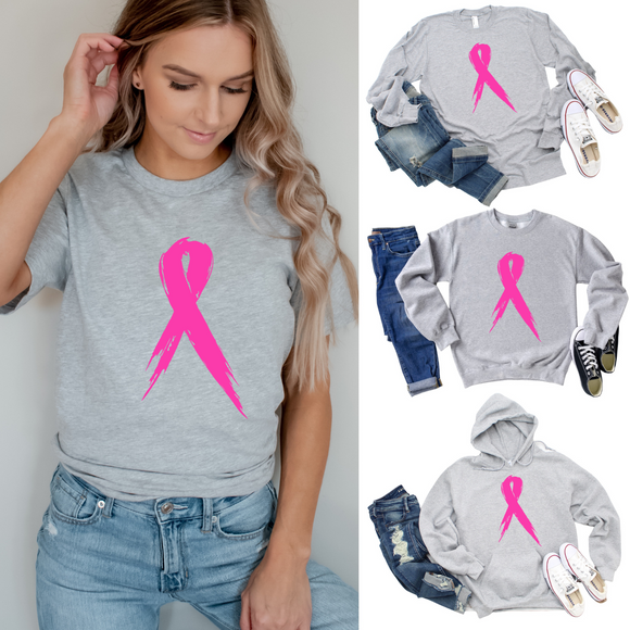 Breast Cancer Ribbon - Direct to Film (DTF) - Graphic Tee Light Gray