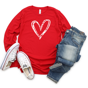 Long Sleeve Distressed Heart - Screen Print Transfer Graphic Tee On Red
