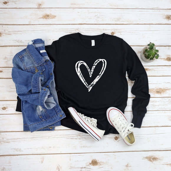 Long Sleeve Distressed Heart - Screen Print Transfer Graphic Tee On Black