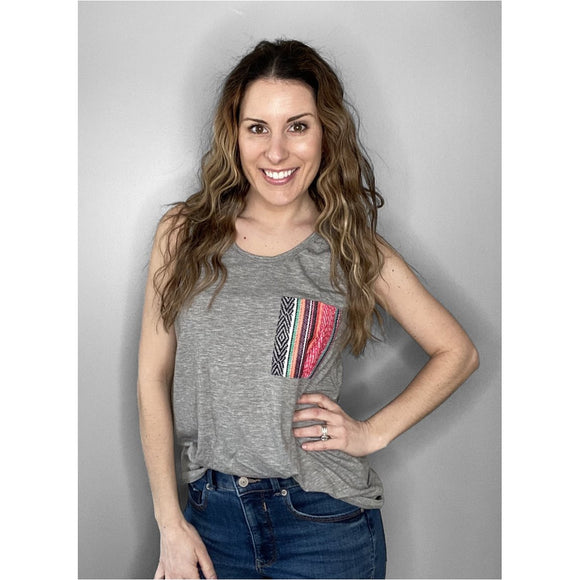 Gray With Aztec Pocket Tank Top