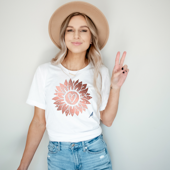 Rose Gold Ink Sunflower With Heart - Screen Print Transfer Graphic Tee