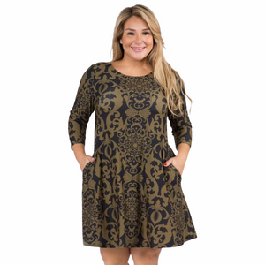 Dress With Pockets Plus Size - Olive With Design