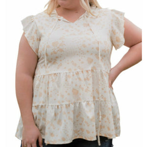 White & Beige Floral Short Sleeve Top Plus Size
