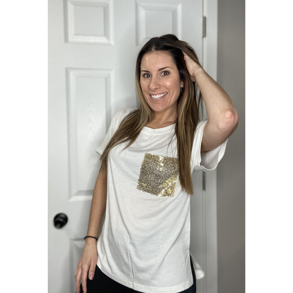 White T-Shirt With Gold Sequin Pocket