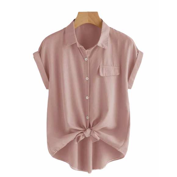 Pink Button Up With Tie Short Sleeve Plus Size